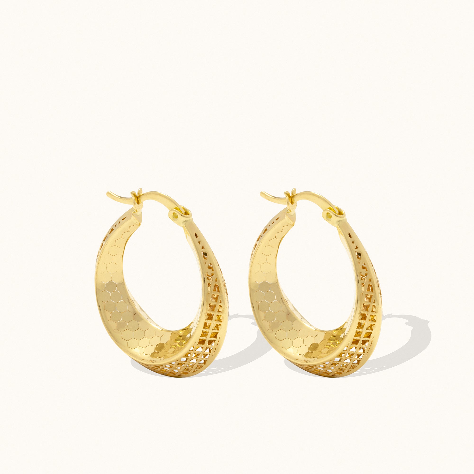 Honeycomb & Geometric Patterned Small Hoop Gold Earrings