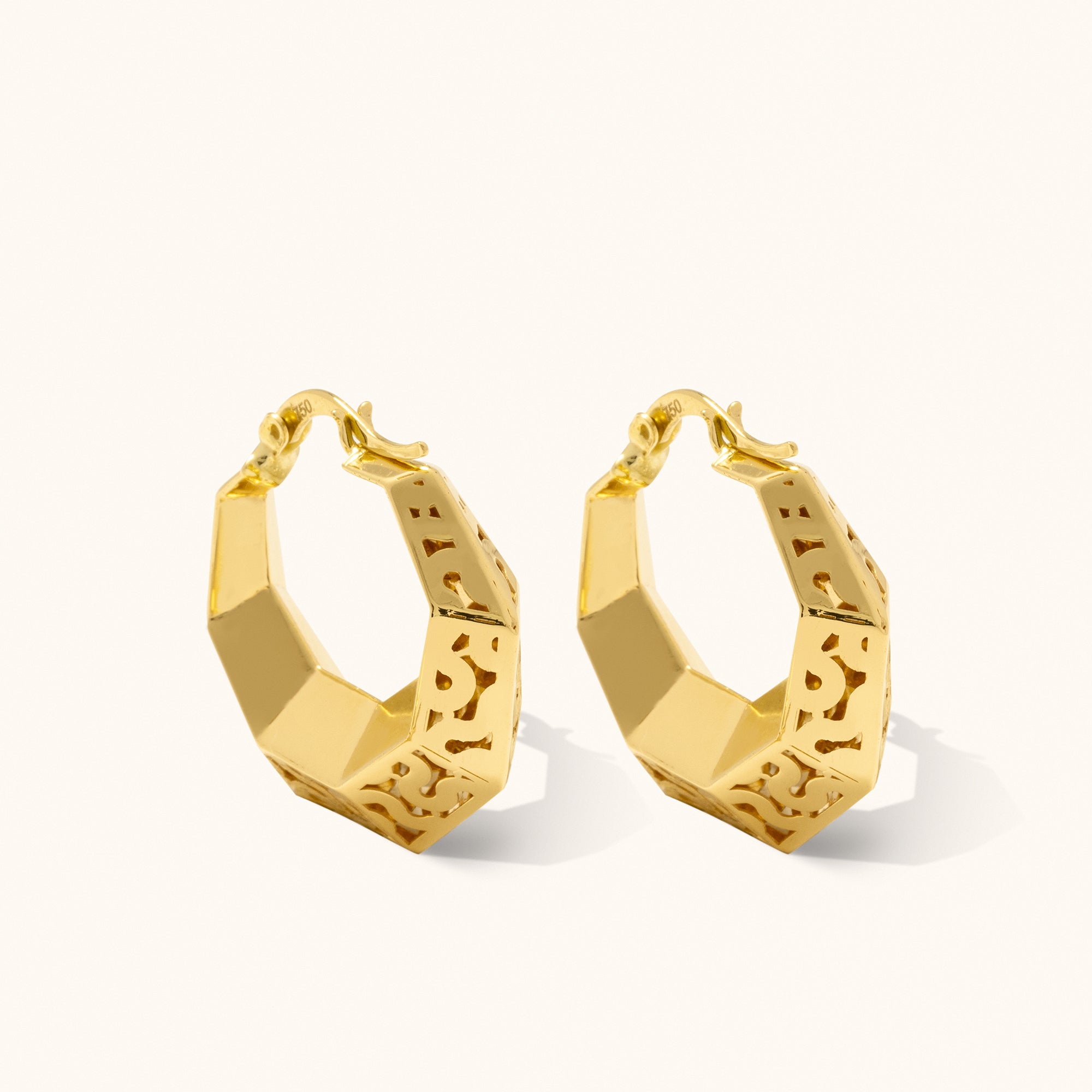 Patterned Hexagon Hoop Gold Earrings