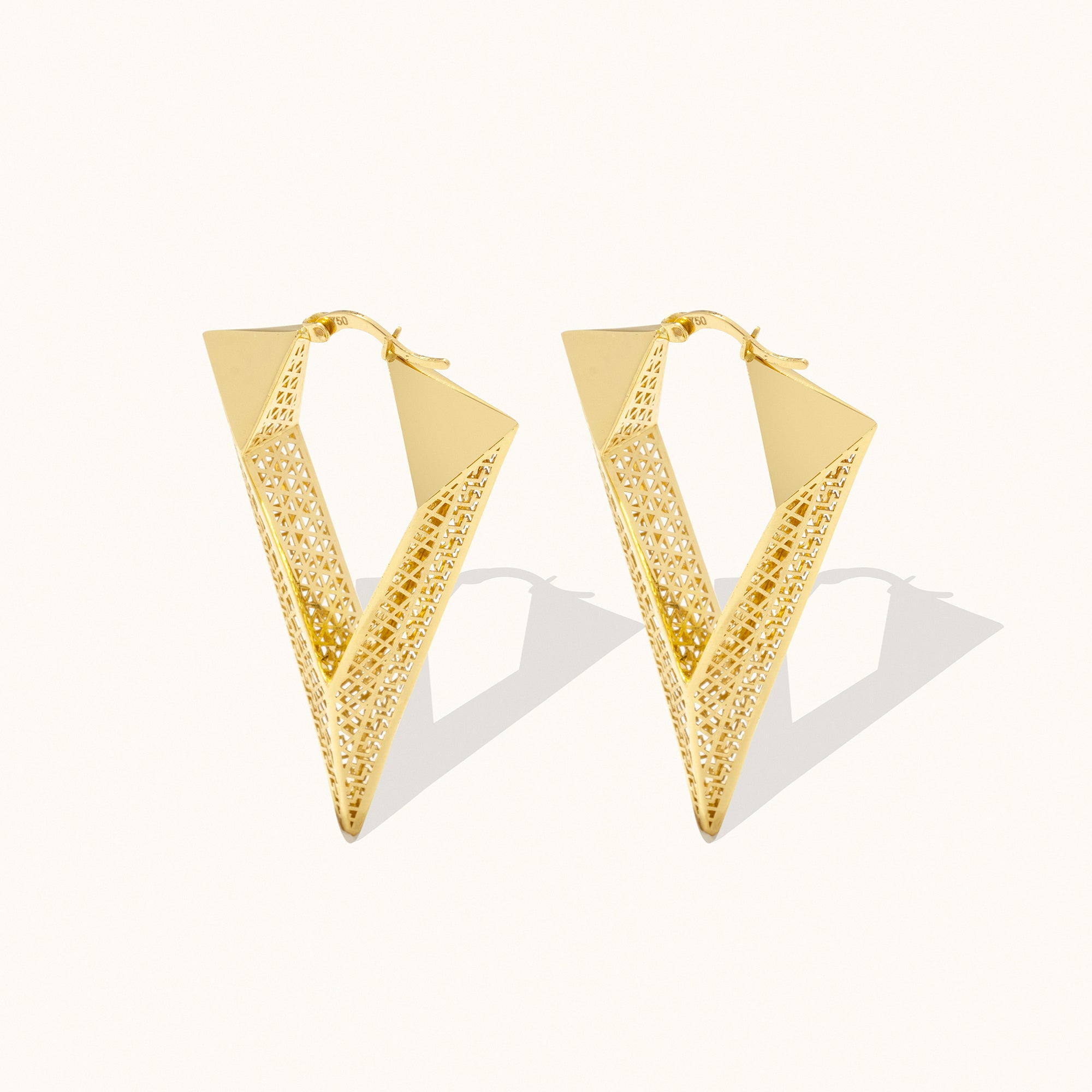 V-Shaped Geometric Patterned Prism Hoop Gold Earrings