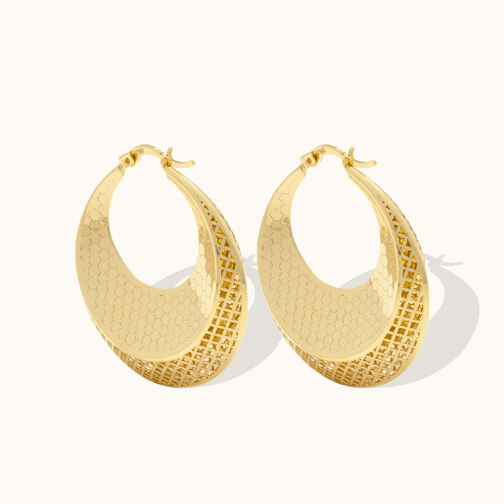 Honeycomb & Geometric Patterned Big Hoop Gold Earrings