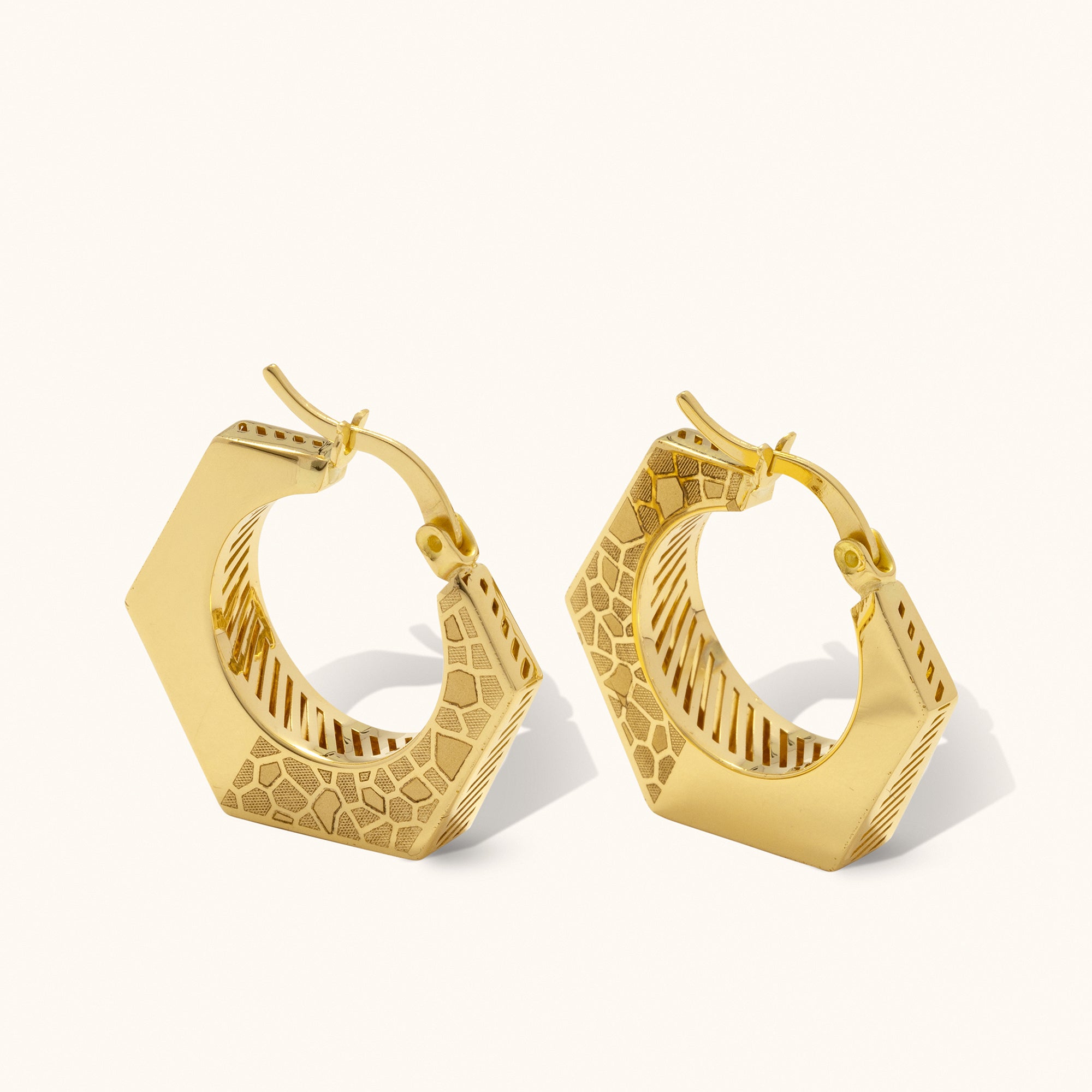 Leopard Patterned Hexagon Hoop Gold Earrings