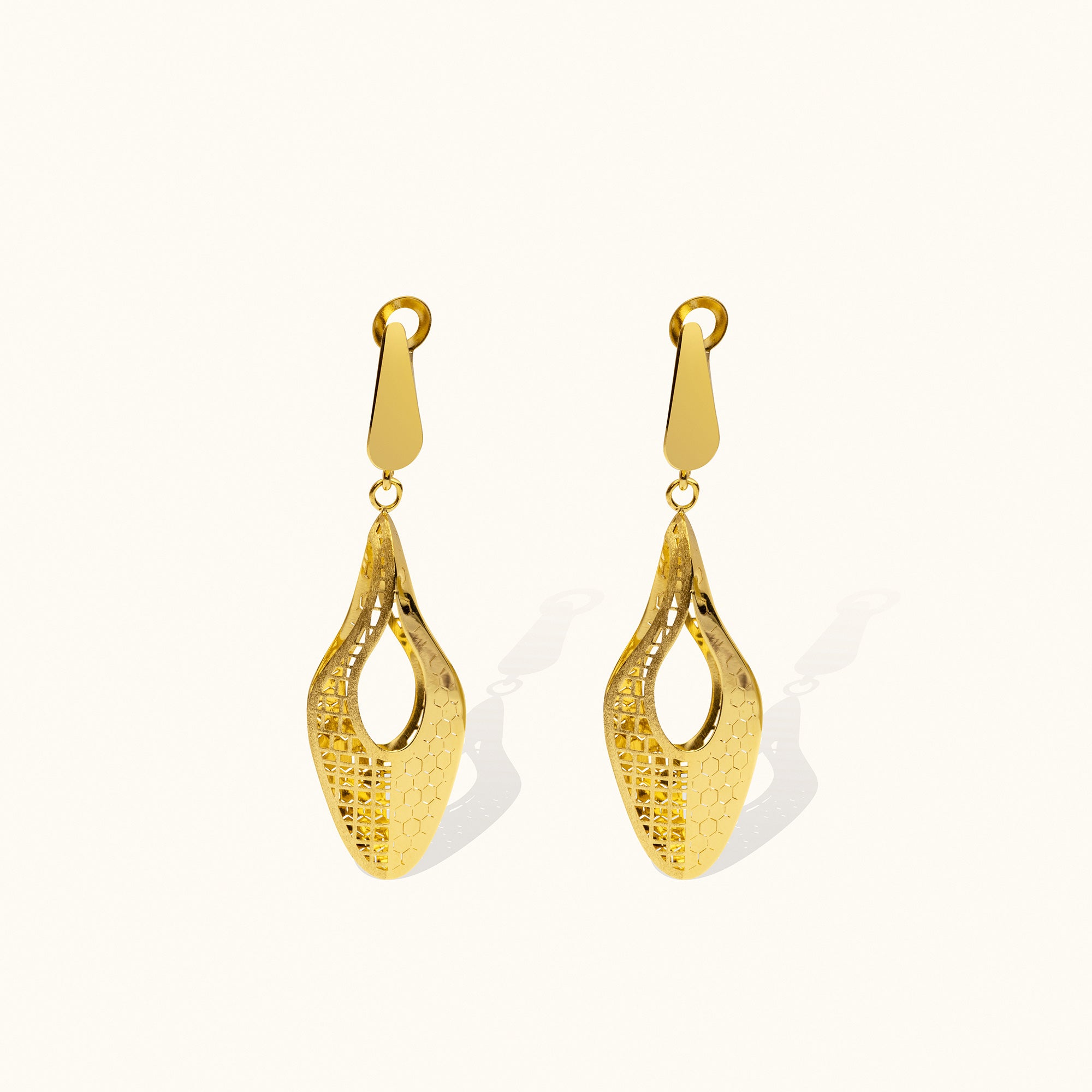 Half-Honeycomb Patterned Dangling Gold Earrings