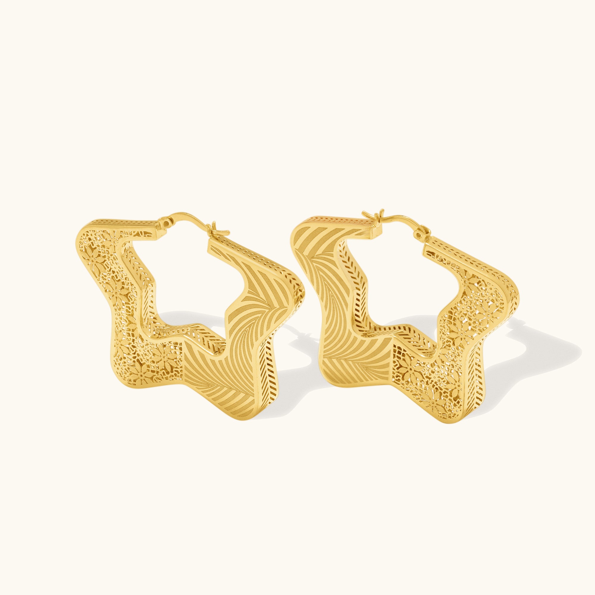 Patterned Chunky Star Hoop Gold Earrings